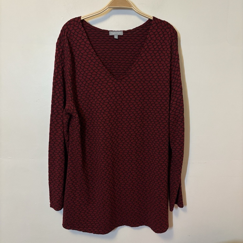 Habitat Blouse Tunic Pucker Knit Long Sleeve Stretch Jersey Red Black Stretchy L